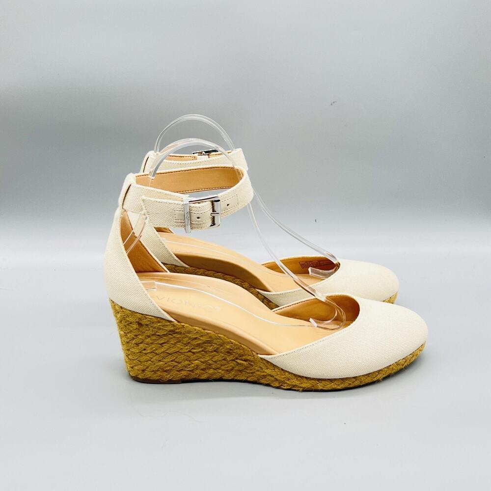 Vionic Sandals Womens 8.5 White Cotton Amy Espadrille Ankle Strap Wedge Shoes